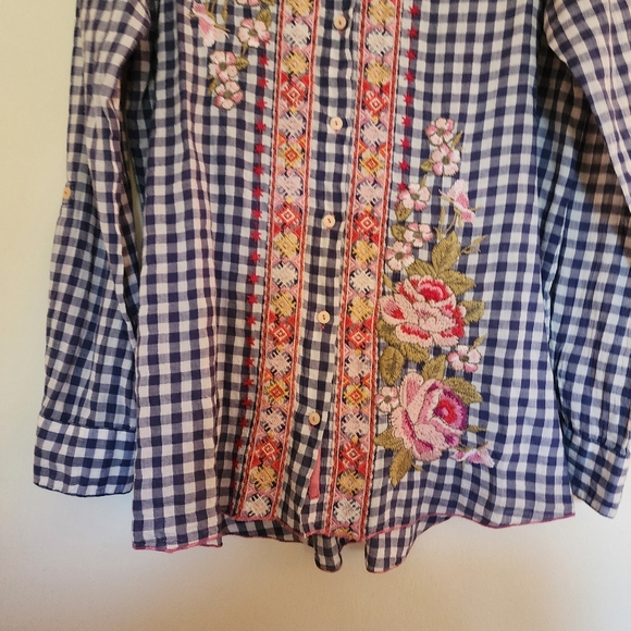 Johnny Was Workshop Gingham Plaid Embroidered Floral Button Down Top Rodeo Shirt - Picture 5 of 15